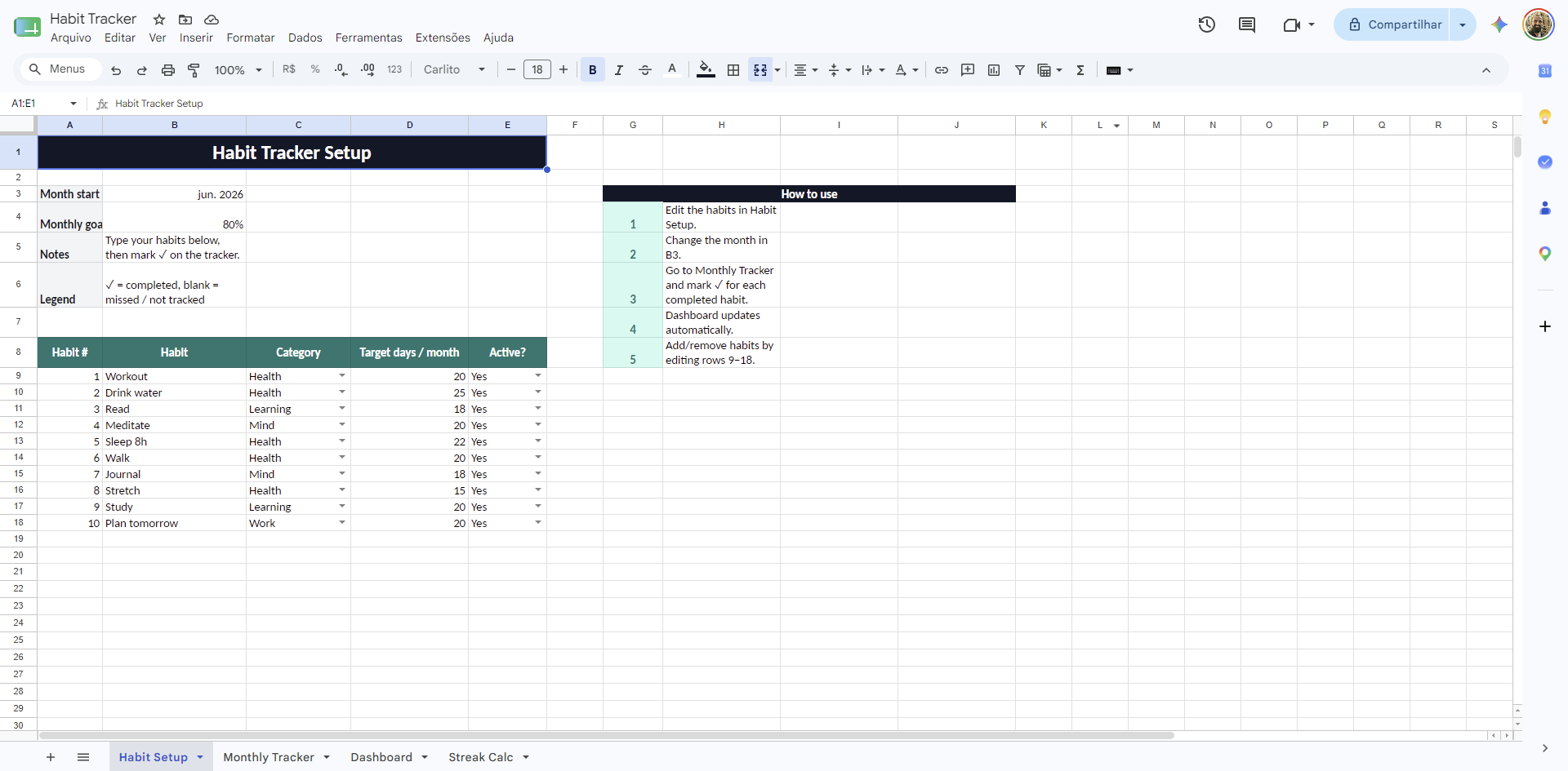 A cluttered habit tracker built in a spreadsheet